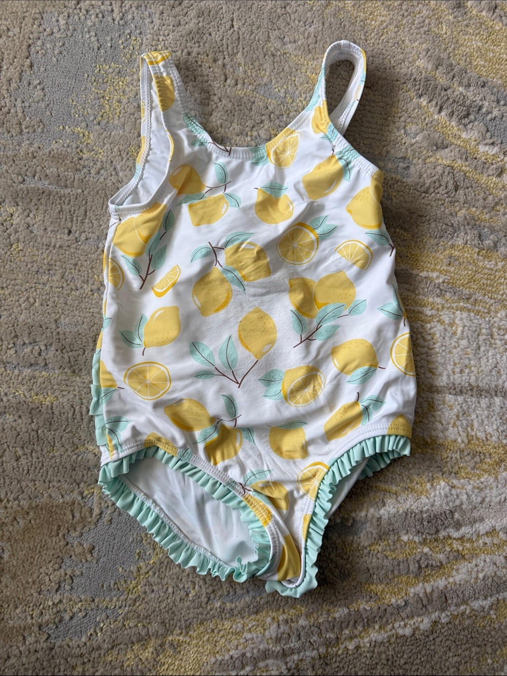 Girls' Yellow Lemon Print One-Piece Swimsuit with Ruffle Trim